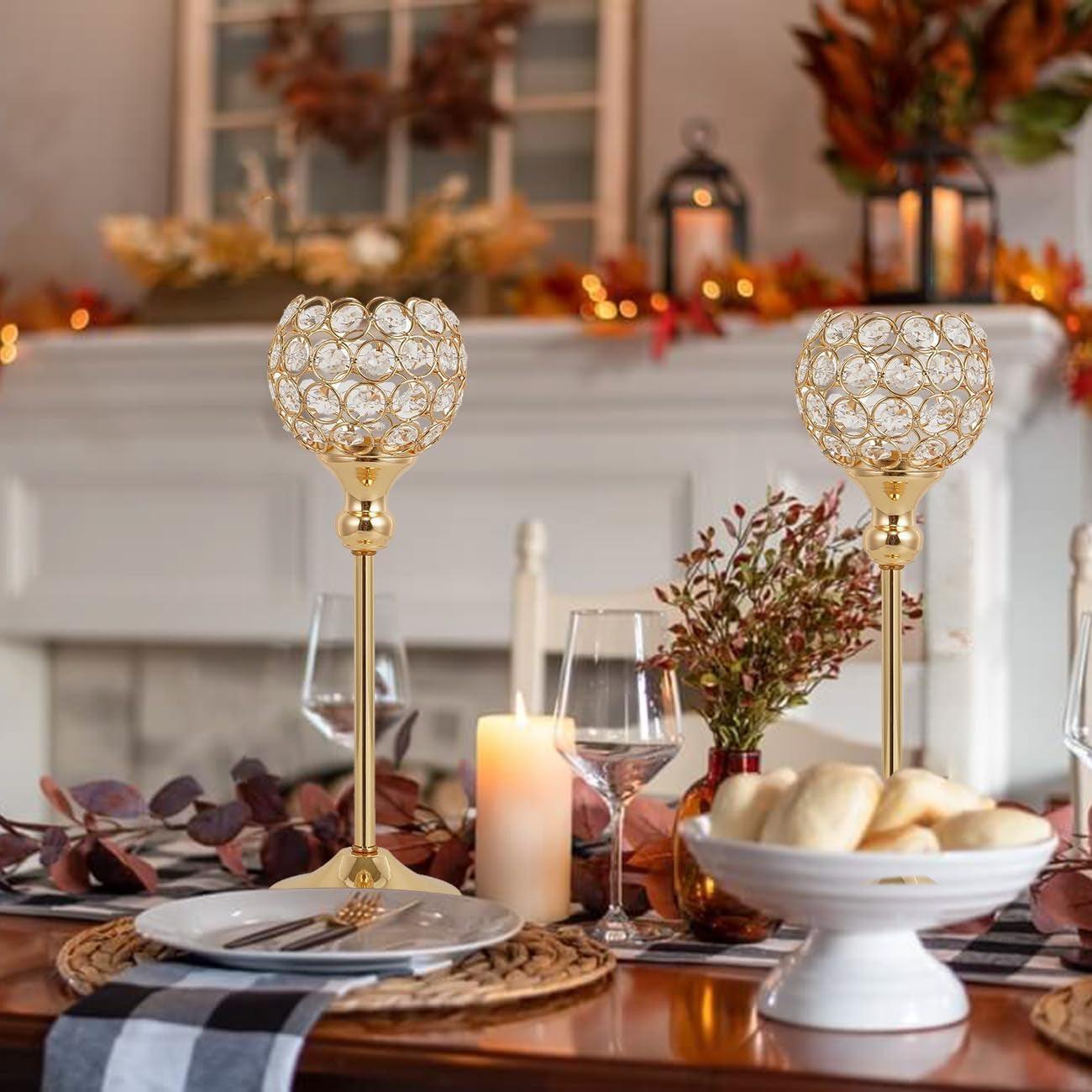 Gold Crystal Candle Holders Set of 2 for Fireplace Coffee Table Mantle Decor,Wedding Home Halloween Decoration Centerpieces